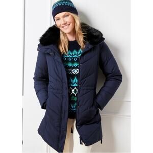 TALBOTS WOMEN NAVY DOWN ALTERNATIVE HOODED FAUX FUR PARKA SIZE L